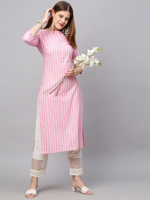 

KALINI Women Pink & White Striped Straight Kurta