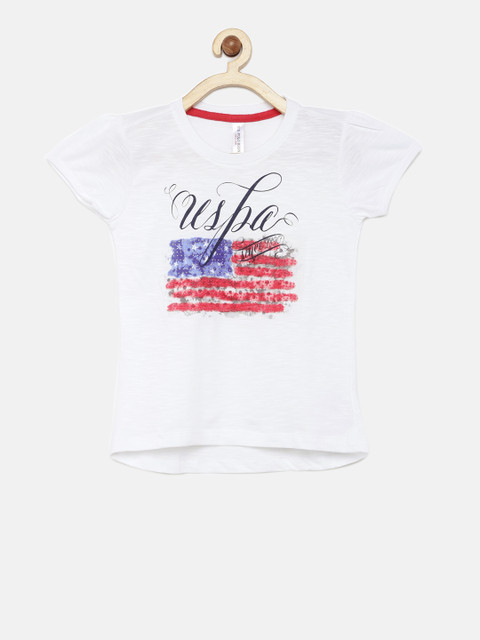 

U.S. Polo Assn. Kids Girls White Printed Round Neck T-shirt