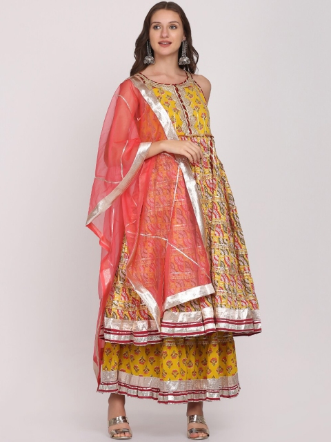 

Saanjh Women Yellow Ethnic Motifs Printed Gotta Patti Pure Cotton Kurta with Sharara & With Dupatta