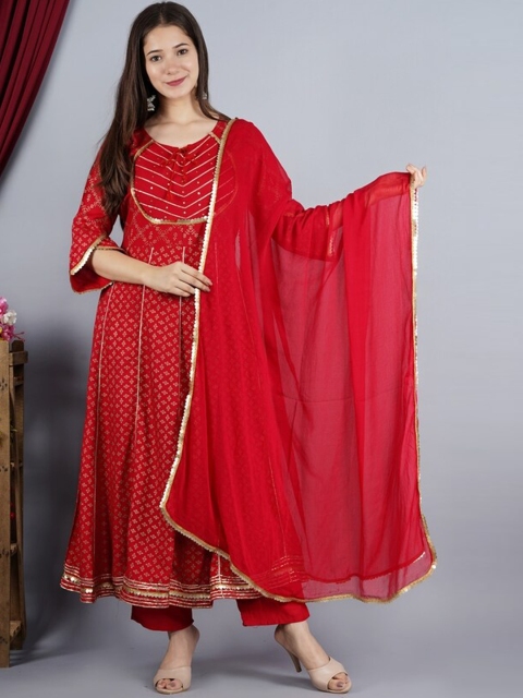 

TOULIN Women Red Ethnic Motifs Printed Panelled Gotta Patti Pure Cotton Kurta with Palazzos & With Dupatta