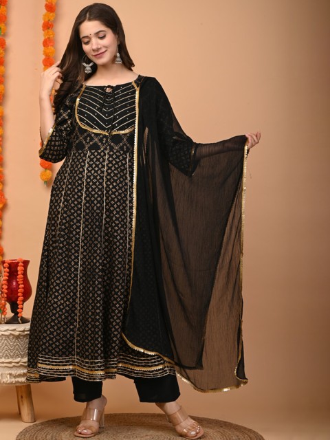 

TOULIN Women Black & Gold-Toned Ethnic Motifs Printed Kurta With Trousers & Dupatta