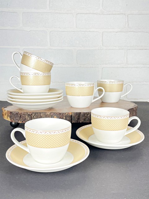 

CLAY CRAFT White & Cream-Coloured Floral Printed Ceramic Glossy Cups and Saucers Set of Cups and Mugs