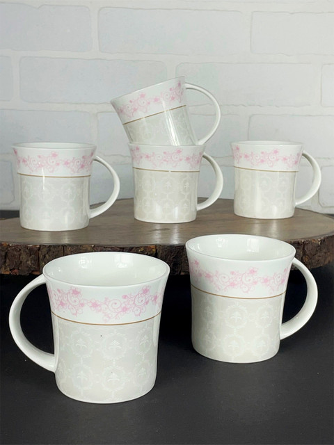 

CLAY CRAFT White & Pink Floral Printed Ceramic Glossy Cups Set of Cups and Mugs