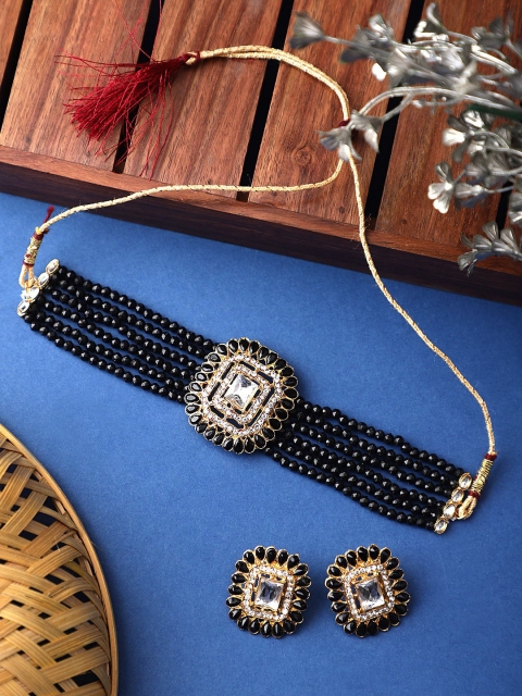 

CARDINAL Gold-Toned Black Kundan-Studded & Beaded Jewellery Set