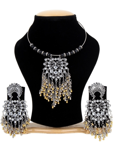 

CARDINAL liver-Toned & Gold-Toned Stone-Studded & Beaded Jewellery Set, Silver