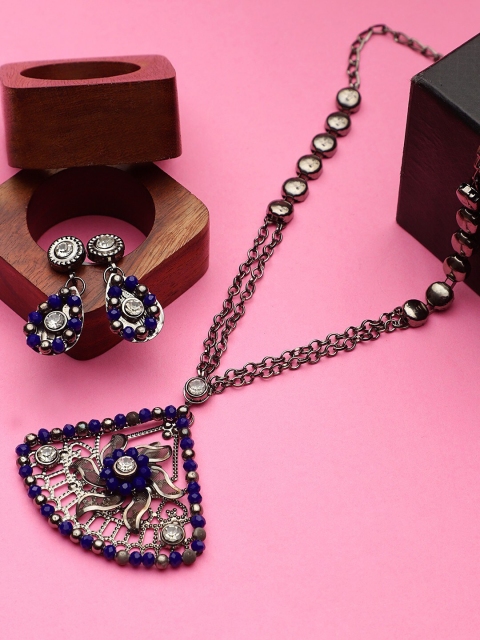 

CARDINAL Silver-Toned & Blue Stone-Studded Jewellery Set