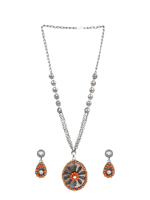 

CARDINAL Oxidised Silver-Toned White & Orange Stone-Studded & Beaded Jewellery Set