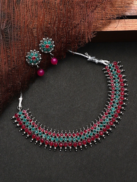 

CARDINAL Oxidised Silver-Toned Red & Green Stone-Studded & Beaded Jewellery Set