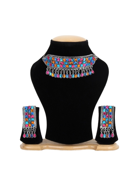 

CARDINAL Silver Multicolour Stone Studded Choker Jewellery Set