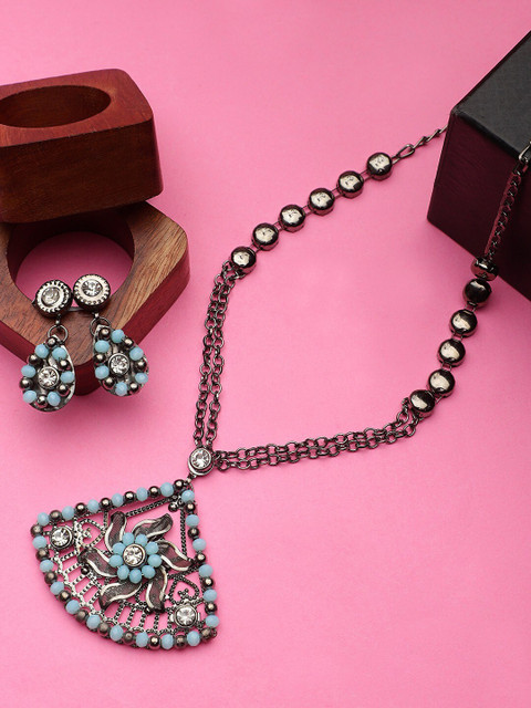 

CARDINAL Silver-Toned Blue & White Stone Studded & Beaded Jewellery Set