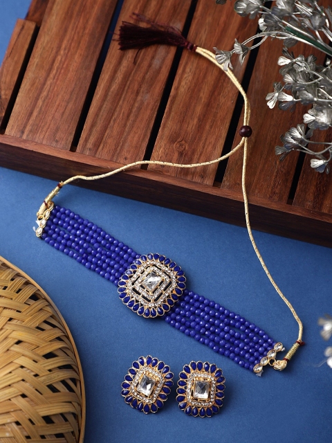 

CARDINAL Gold-Plated Blue & White Stone Studded & Beaded Jewellery Set