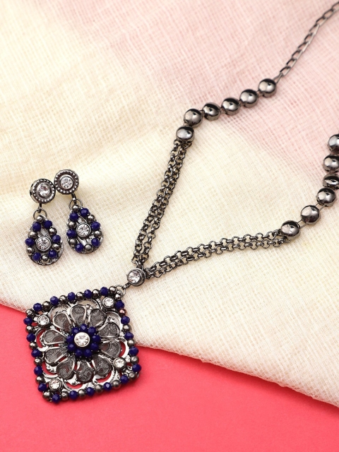 

CARDINAL Oxidised Silver-Toned White & Blue Stone-Studded & Beaded Jewellery Set
