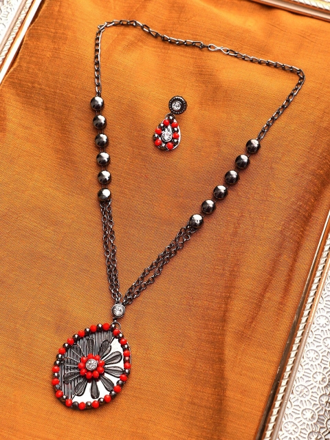 

CARDINAL Oxidised Silver-Toned Red & White Stone Studded & Beaded Jewellery Set