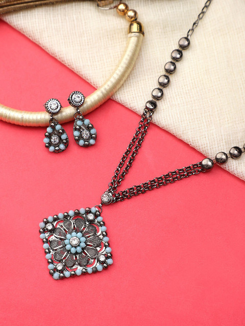 

CARDINAL Oxidised Blue Flower-Shaped Jewellery Set