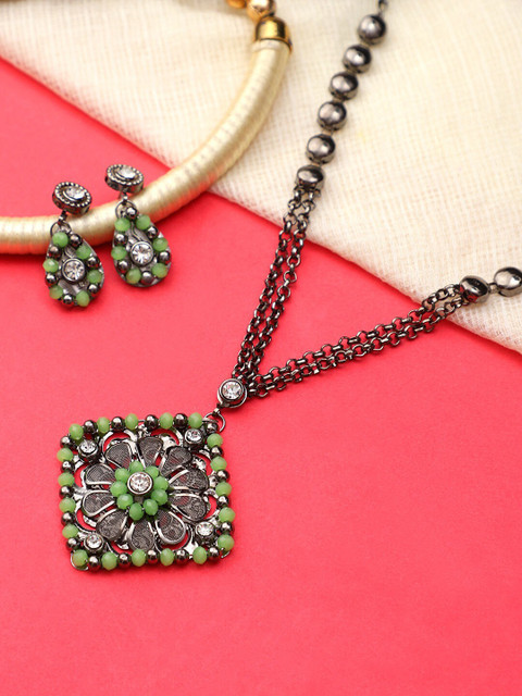 

CARDINAL Oxidised Silver-Toned White & Green Stone-Studded & Beaded Jewellery Set