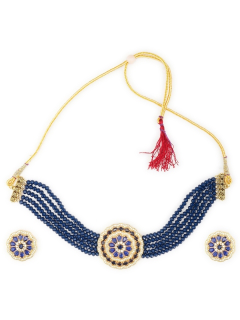 

CARDINAL Gold-Toned White & Blue Stone-Studded & Beaded Jewellery Set