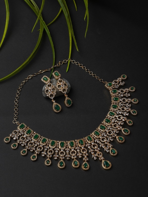 

CARDINAL Gold-Plated Green & White American Diamond Studded Jewellery Set