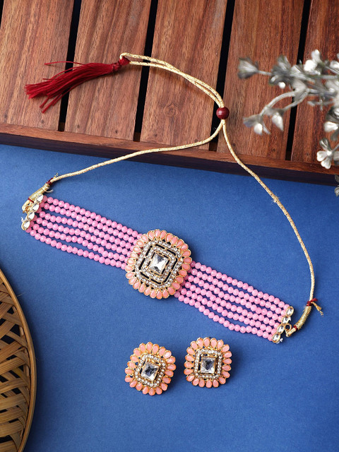 

CARDINAL Pink-Coloured White Kundan Studded Jewellery Set