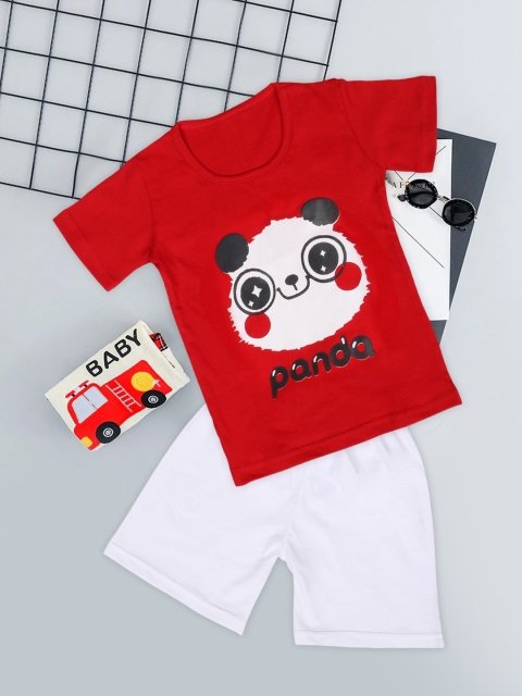 

Fashitale Kids Red & White Printed Pure Cotton T-shirt with Shorts
