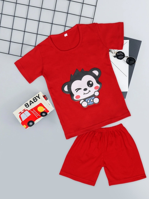 

Fashitale Unisex Kids Red Printed Pure Cotton T-shirt with Shorts