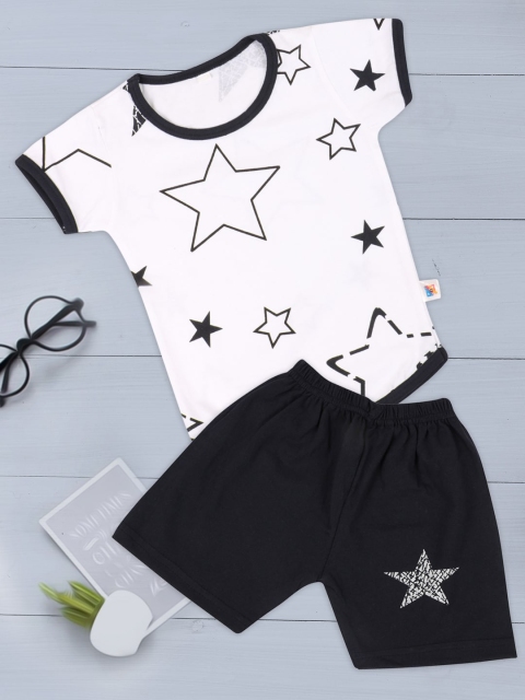 

Fashitale Unisex Kids White & Black Printed Pure Cotton T-shirt with Shorts