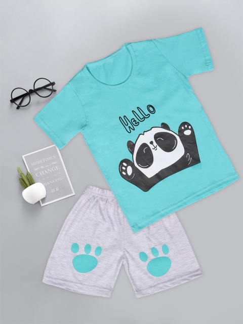 

Fashitale Unisex Kids Blue & Grey Printed Cotton T-shirt with Shorts