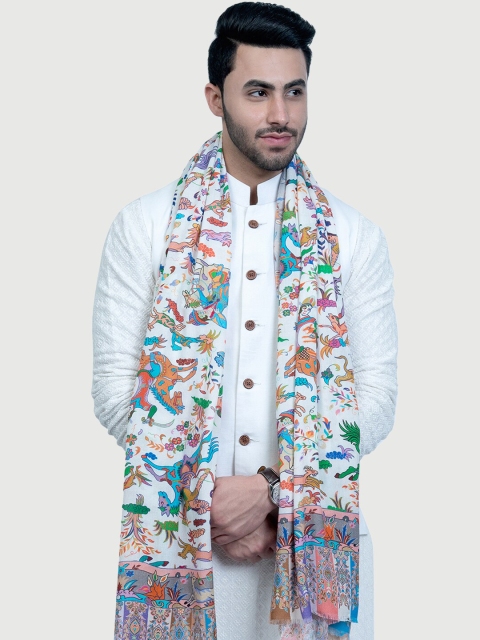 

TAROOB Men White & Purple Mughal Darbar Print Ecovera Soft Shawl