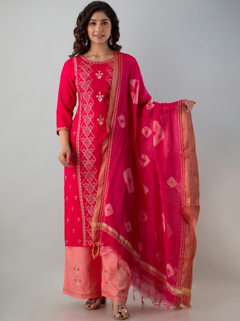 

CKM Women Pink Ethnic Motifs Embroidered Panelled Kurti with Palazzos & With Dupatta