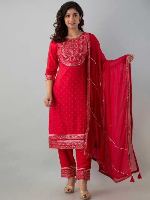 

CKM Women Pink Ethnic Motifs Embroidered Kurta with Churidar & With Dupatta