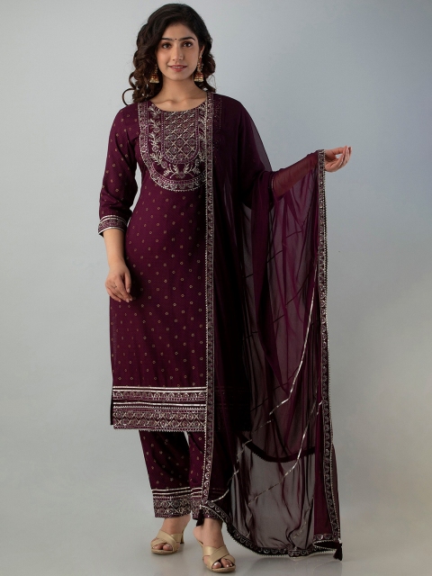 

CKM Women Violet Ethnic Motifs Yoke Design Pleated Kurti with Churidar & With Dupatta