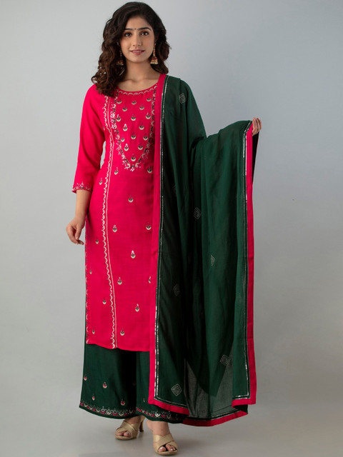 

CKM Women Pink Ethnic Motifs Embroidered Panelled Kurti with Skirt & With Dupatta