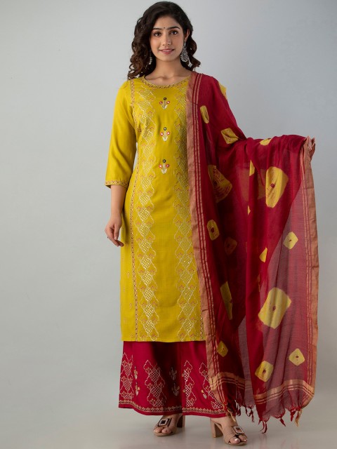 

CKM Women Lime Green Ethnic Motifs Embroidered Empire Kurti with Skirt & With Dupatta