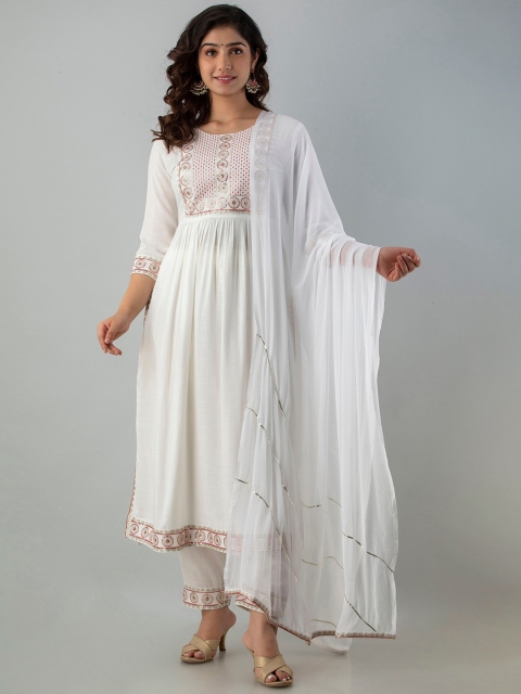 

CKM Women White Yoke Design Tiered Kurti with Churidar & With Dupatta