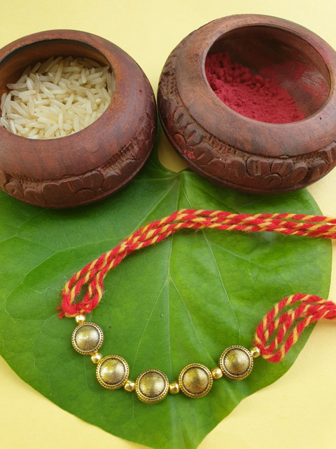 

FIROZA Men Gold-Plated Red & Yellow Rakhi with Roli & Chawal