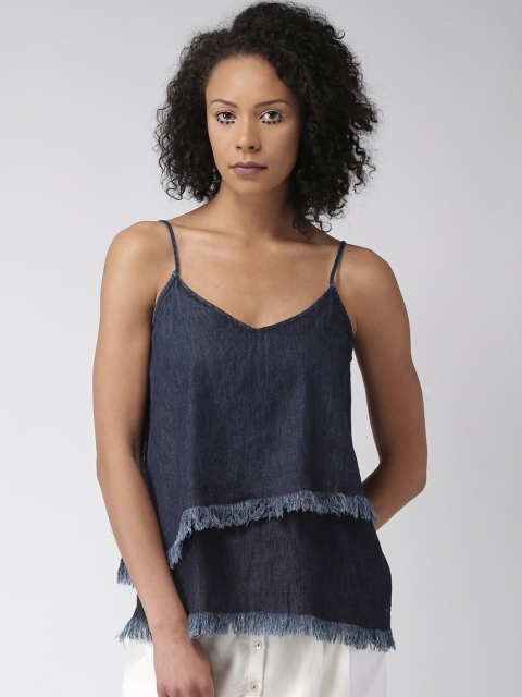 

LOVE GEN Women Navy Solid Denim Top, Navy blue