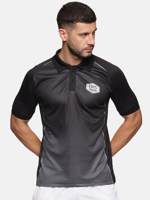 

HPS Sports Men Black Striped Polo Collar Applique T-shirt