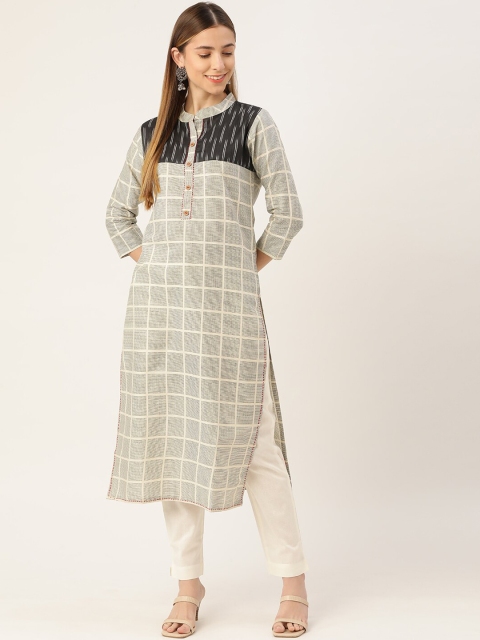 

INDYES Women Beige & oyster white Checked Thread Work Block Print Kurta