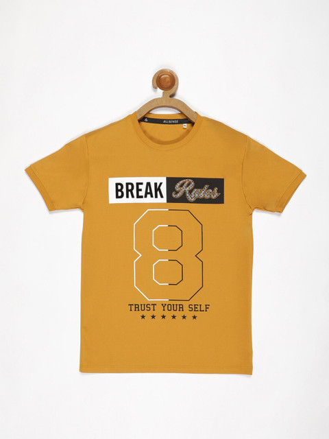 

V2 Value & Variety Boys Mustard Yellow & yellow Typography Printed Applique T-shirt