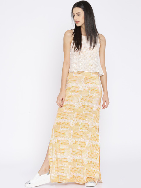 

AND Women Yellow & White Printed Maxi Dress