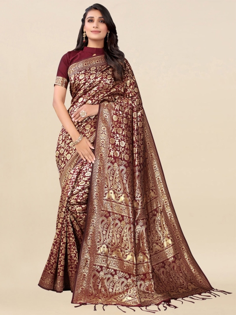

Satrani Maroon & Gold-Toned Woven Design Kanjeevaram Saree