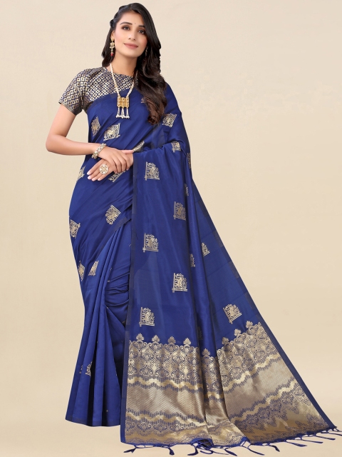 

Satrani Navy Blue & Gold-Toned Woven Design Embroidered Heavy Work Saree