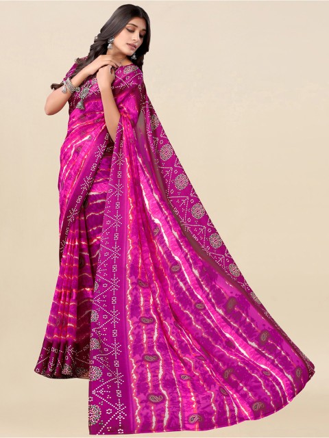 

Satrani Pink & Off White Bandhani Saree