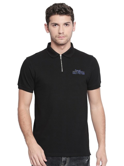 

CULT FICTION Men Black Mandarin Collar T-shirt