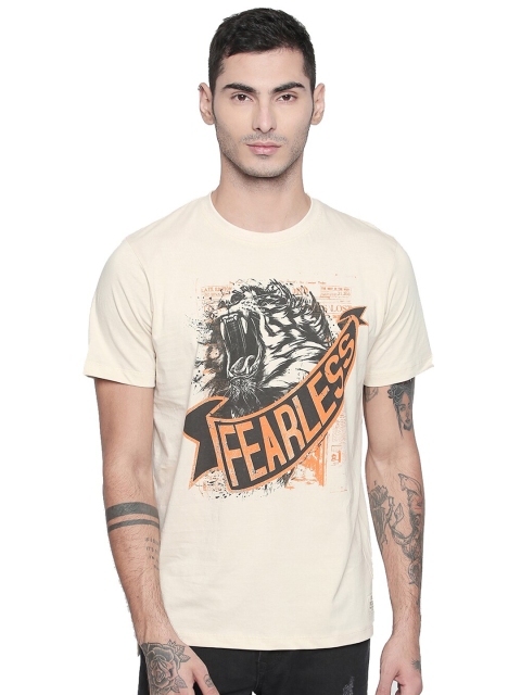 

CULT FICTION Men Beige & sheer pink Printed Raw Edge T-shirt