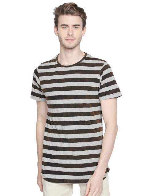 

CULT FICTION Men Grey Melange Striped Monochrome T-shirt