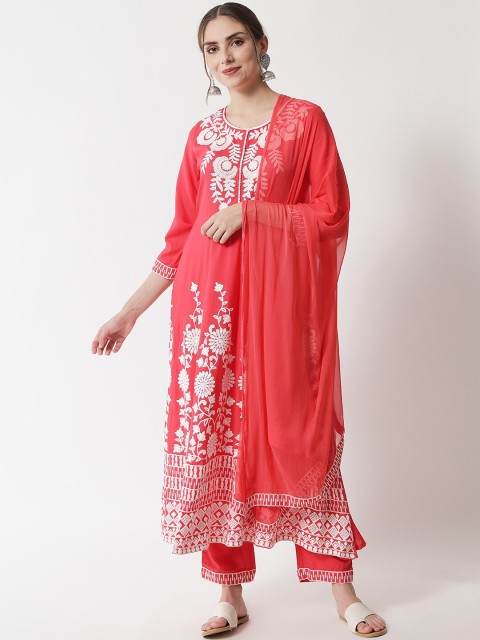 

AMIRAS INDIAN ETHNIC WEAR Women Peach-Coloured Pleated Kurti with Palazzos & With Dupatta