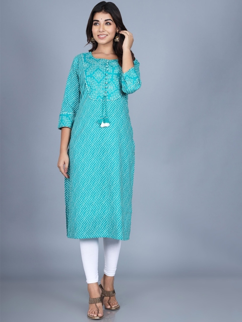 

Swasti Women Turquoise Blue Ethnic Motifs Flared Sleeves Kurta