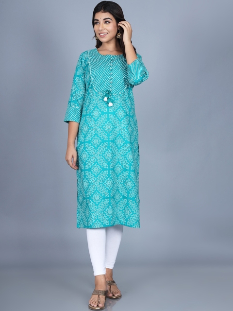 

Swasti Women Turquoise Blue & robin egg blue Geometric Printed Mirror Work Kurta
