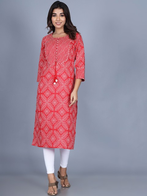 

Swasti Women Red & cayenne Geometric Printed Thread Work Kurta