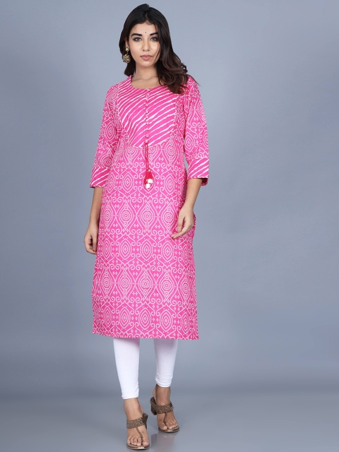 

Swasti Women Pink & persian pink Geometric Printed Flared Sleeves Thread Work Kurta